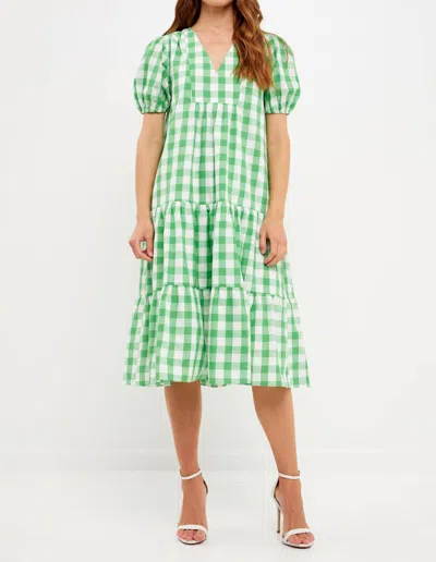 English Factory Gingham Tiered Puff Sleeve Cotton Midi Dress In Green