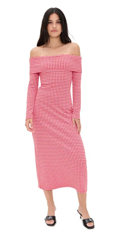 English Factory Gingham Off The Shoulder Midi Dress Red