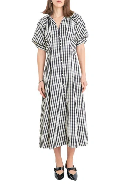English Factory Gingham Puff Sleeve Midi Shirtdress In Black Multi