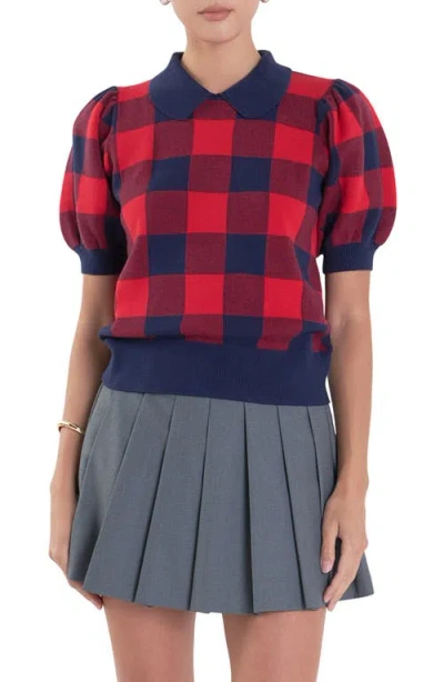 English Factory Gingham Puff Sleeve Sweater In Navy/ Red