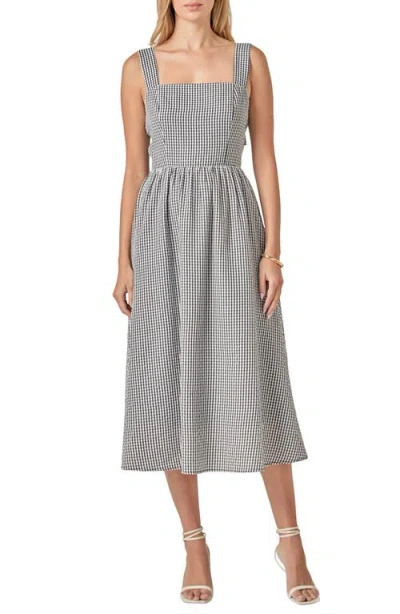 English Factory Gingham Sleeveless Tie Back Midi Dress In Gray