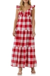 English Factory Gingham Tiered Maxi Dress In Red/white