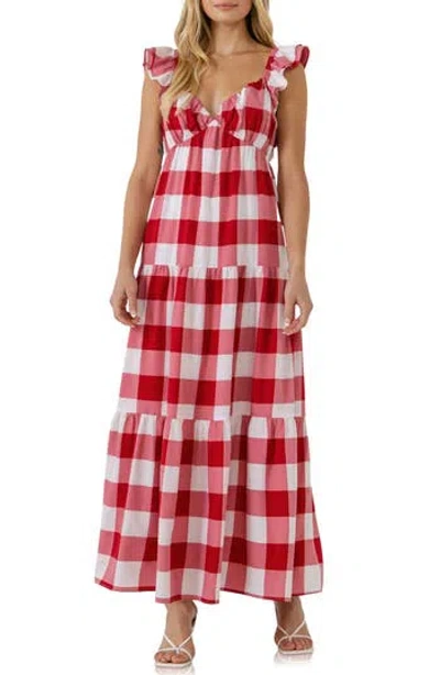 English Factory Gingham Tiered Maxi Dress In Red/white