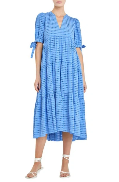 English Factory Gingham Tiered Midi Dress In Cobalt