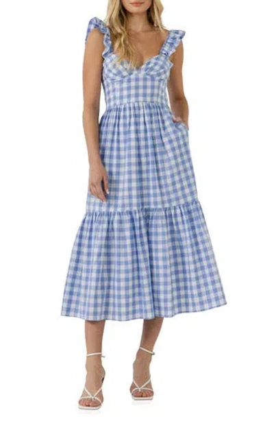 English Factory Gingham Tiered Sleeveless Cotton Midi Dress In Blue
