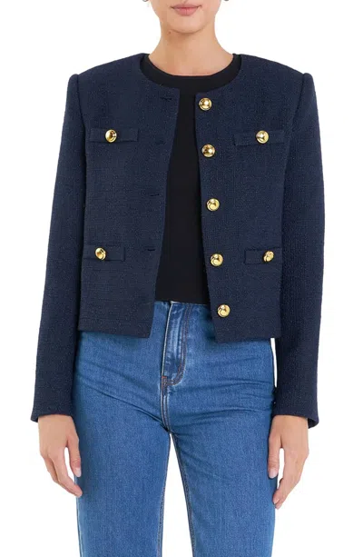 English Factory Gold Button Pointed Tweed Jacket In Navy
