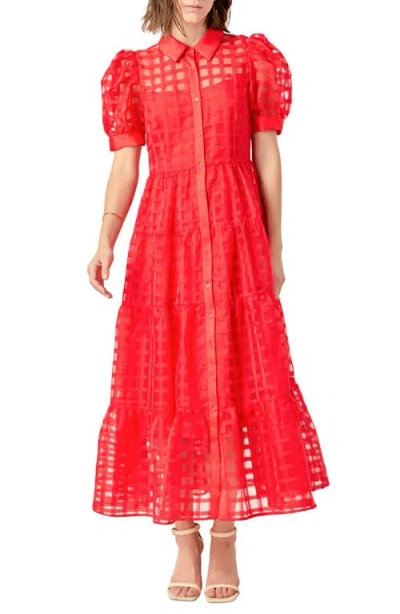 English Factory Grid Pattern Tiered Midi Shirtdress In Red