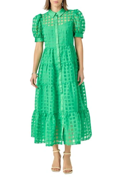 English Factory Grid Pattern Tiered Midi Shirtdress In Green