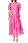English Factory Grid Pattern Tiered Midi Shirtdress In Magenta