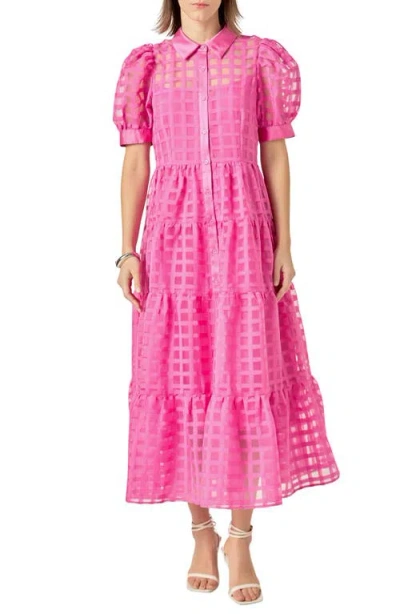 English Factory Grid Pattern Tiered Midi Shirtdress In Magenta