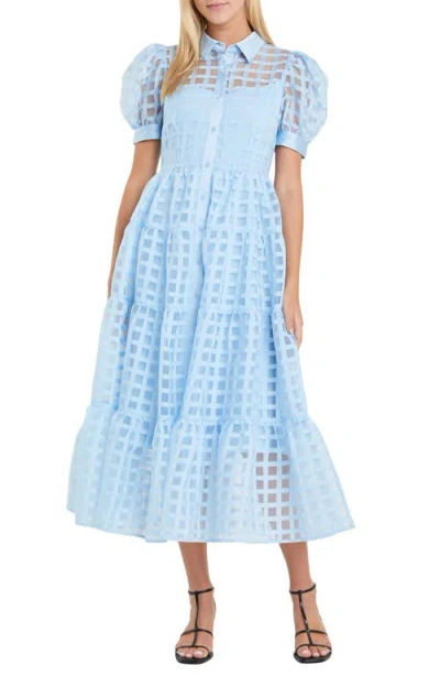 English Factory Grid Pattern Tiered Midi Shirtdress In Powder Blue