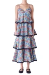 English Factory Women's Grid Print Tiered Maxi Dress With Ric Rac Trim In Blue Multi