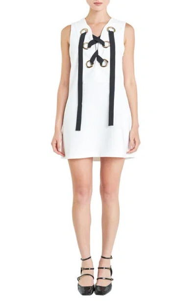 English Factory Grommet Tie Sleeveless Minidress In Off White/ Black