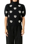 English Factory Heart Embellished Puff Sleeve Sweater In Black