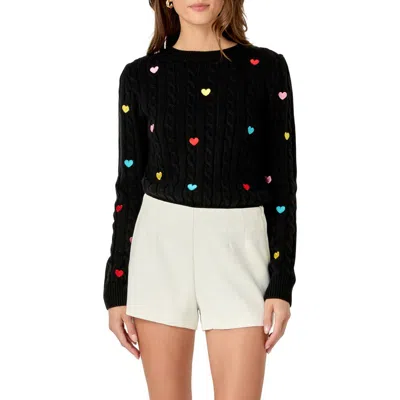 English Factory Heart Embroidered Cable Stitch Sweater In Black