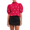 English Factory Heart Embroidered Puff Sleeve Sweater In Red