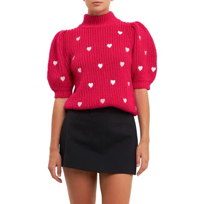 English Factory Heart Embroidered Puff Sleeve Sweater In Red