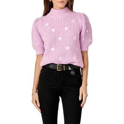 English Factory Heart Embroidered Puff Sleeve Sweater In Lilac