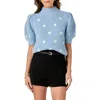 English Factory Heart Embroidered Puff Sleeve Sweater In Powder Blue
