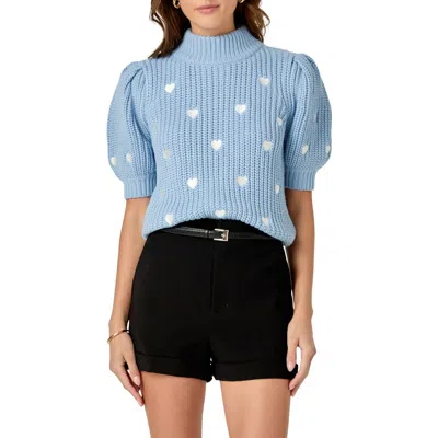 English Factory Heart Embroidered Puff Sleeve Sweater In Powder Blue