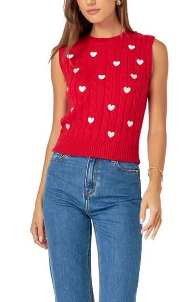 English Factory Heart Embroidered Sleeveless Cable Sweater In Red