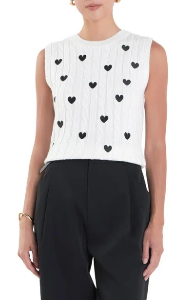 English Factory Heart Embroidered Sleeveless Cable Sweater In Off White