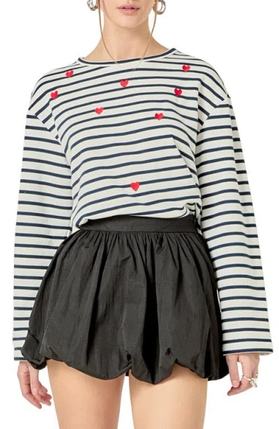 English Factory Heart Embroidered Stripe Cotton Top In White/navy