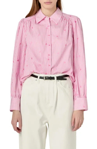 English Factory Heart Embroidery Stripe Cotton Button-up Shirt In Pink/white