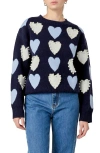 English Factory Heart Faux Pearl Embellished Crewneck Sweater In Navy Multi
