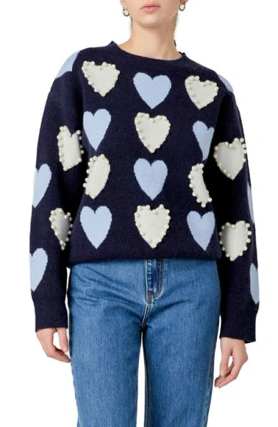 English Factory Heart Faux Pearl Embellished Crewneck Sweater In Navy Multi