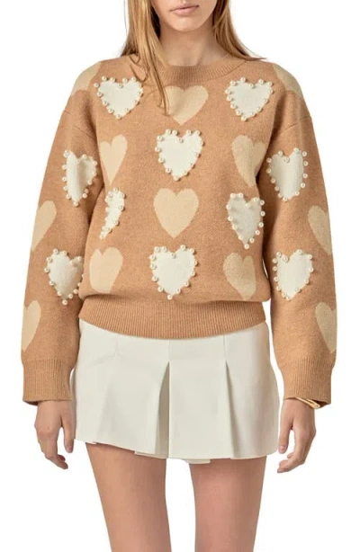 English Factory Heart Faux Pearl Embellished Crewneck Sweater In Tan Multi