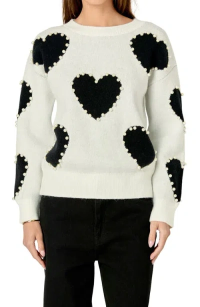 English Factory Heart Imitation Pearl Sweater In Black Multi