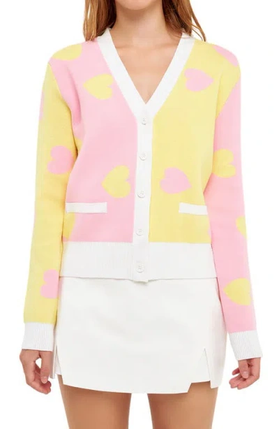 English Factory Heart Shape Cardigan In Pink/yellow