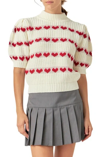 English Factory Heart Stripe Elbow Sleeve Sweater In White/red