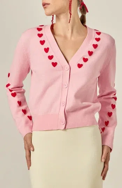 English Factory Heart V-neck Crop Cardigan In Pink