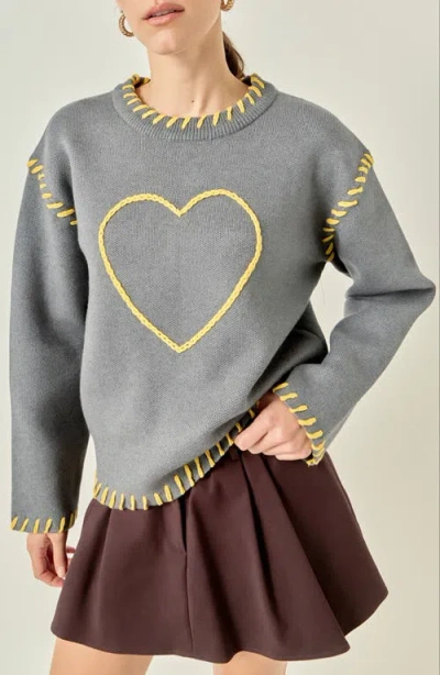 English Factory Heart Whipstitch Sweater In Grey/yellow