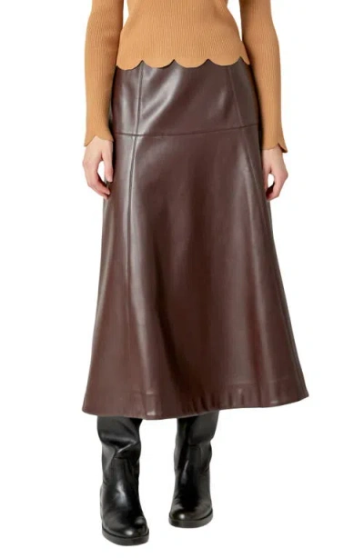 English Factory High Waist Faux Leather Midi Skirt In Dark Brown