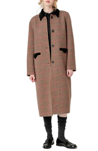 English Factory Houndstooth Check Contrast Wool Blend Coat In Brown