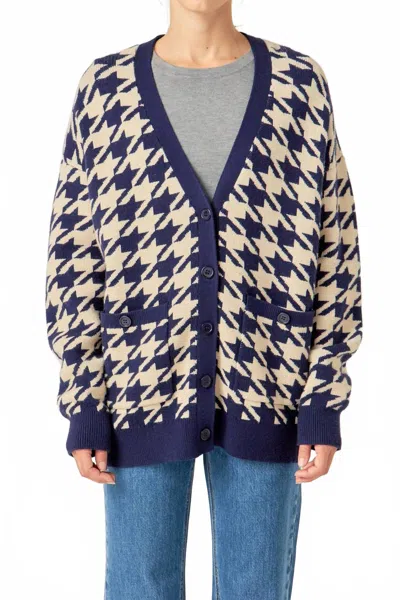 English Factory Houndstooth Knit Cardigan In Navy In Blue