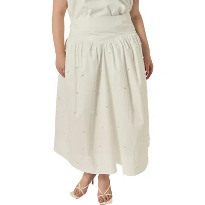 English Factory Imitation Pearl Studded Cotton Poplin Midi Skirt In Multi