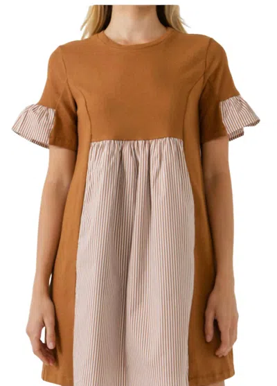 English Factory Knit Striped Woven Mini Dress In Burnt Orange In Yellow