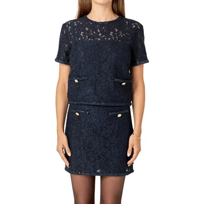 English Factory Lace & Sequin Top In Navy