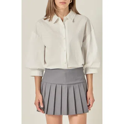 English Factory Lace Trim Blouson Sleeve Cotton Button-up Shirt In White