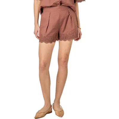 English Factory Lace Trim Linen & Cotton Shorts In Brown