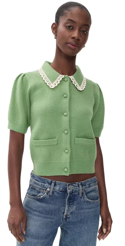 English Factory Lace Trim Puff Sleeve Knit Cardigan Sage In Green
