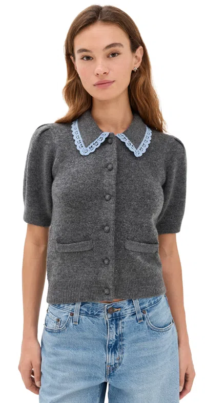 English Factory Lace Trimmed Puff Sleeve Knit Cardigan Heather Grey In Gray