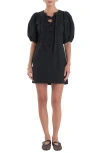 English Factory Lace-up Front Puff Sleeve Linen Blend Minidress In Black