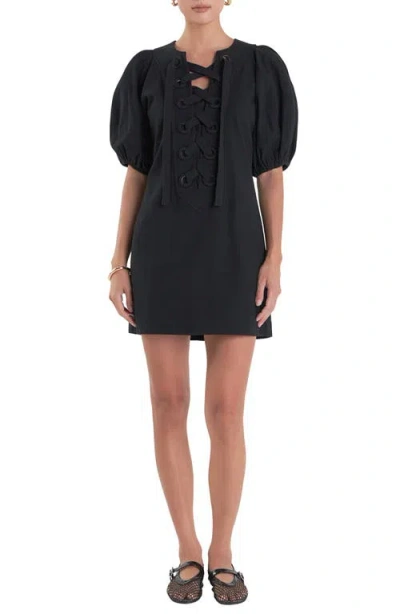 English Factory Lace-up Front Puff Sleeve Linen Blend Minidress In Black