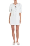 English Factory Lace-up Front Puff Sleeve Linen Blend Minidress In Off White