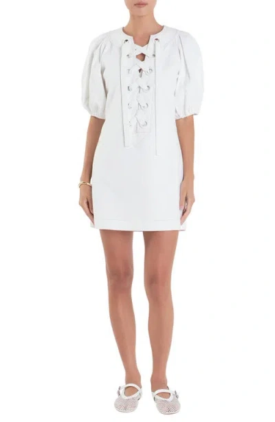 English Factory Lace-up Front Puff Sleeve Linen Blend Minidress In Off White